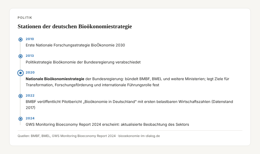 Infografik Bioökonomie-Strategie Deutschland: Timeline 2010 bis 2024 – von der ersten Forschungsstrategie 2010 über die Nationale Bioökonomiestrategie 2020 bis zum GWS Monitoring 2024