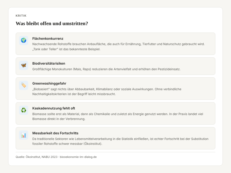Infografik Kritik an der Bioökonomie: Flächenkonkurrenz, Biodiversitätsrisiken, Greenwashinggefahr, fehlende Kaskadennutzung und schwere Messbarkeit des Fortschritts